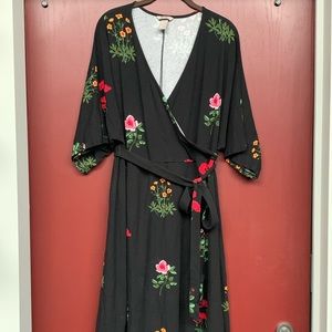 H&M Black Floral Knee Length Faux Wrap Dress